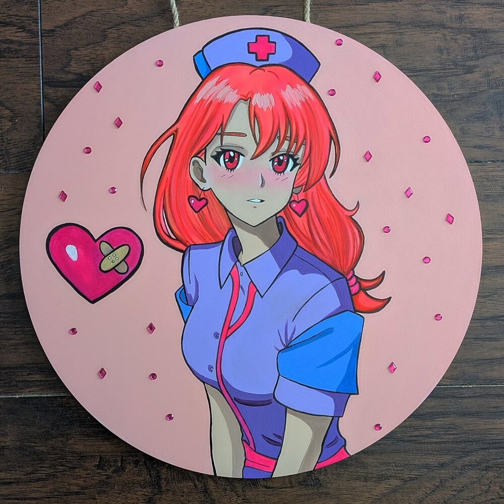 Hello Nurse! Original Anime Nurse Painting Wooden Canvas Neon Black Light